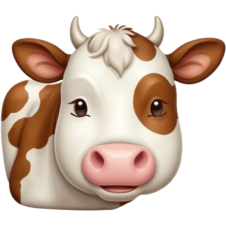 Meme-Worthy Cute Sleeping Brown and White Cow Portrait Emoji, Head resting peacefully with a contented smile, showcasing a robust build and a luxuriously soft patterned hide of brown and white, eyes shut in a serene, restful nap, Simplified yet hilariously adorable features, highly detailed, glowing with a soft, drowsy light, high shine, relaxed and utterly lovable, stylized with an air of playful laziness, bright and heartwarming, soft glowing outline, capturing the essence of a comically sleepy cow, so meme-worthy it feels like it could instantly become the next viral sensation of adorable slumber! emoji