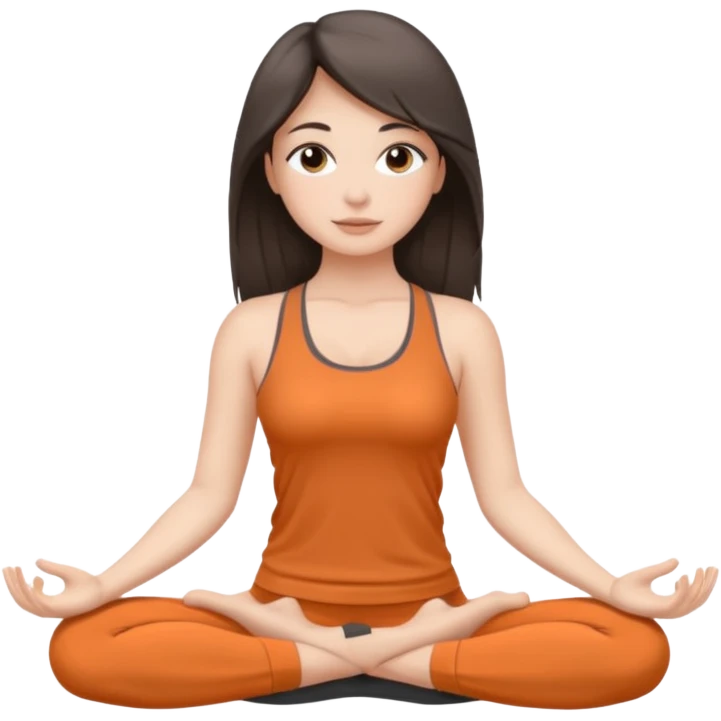 a brunette girl doing yoga, she is wearing a grey fit and she has dark straight and loose hair.  emoji