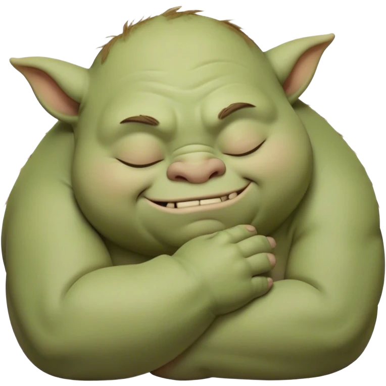 Meme-Worthy Cute Sleeping Ogre Portrait Emoji, with a surprisingly endearing, plump figure in soft earthy greens and browns, head drooping gently with closed, relaxed eyes and a content, sleepy grin, simplified yet adorably detailed, glowing with a soft warm outline that captures the peaceful slumber of a friendly ogre after a day of gentle mischief! emoji