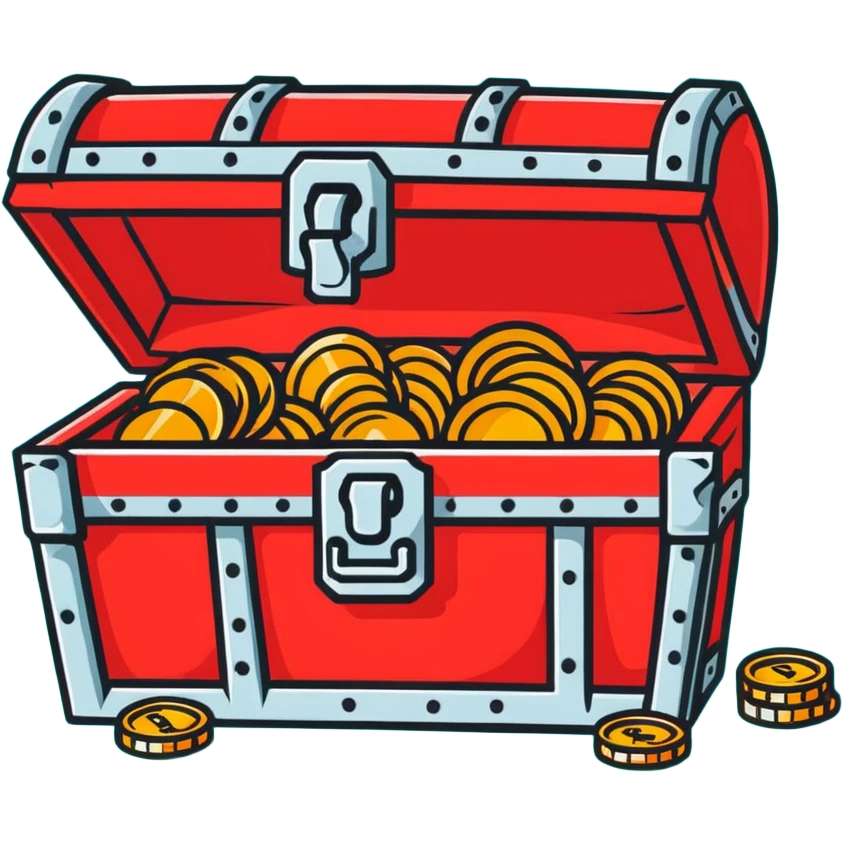 A vibrant red RPG treasure chest with gold coins spilling out emoji