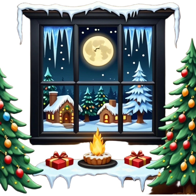 ultra hyperrealism,  dark window covered with icicles, in front of a beautifully decorated lit christmas tree at night, wrapped gifts under tree. Letter to Santa  with cookies sitting a fireplace emoji