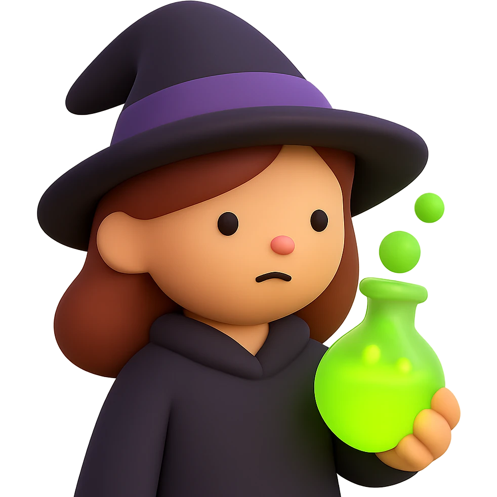 A witch holding a bubbling flask with bright green glowing potion emoji