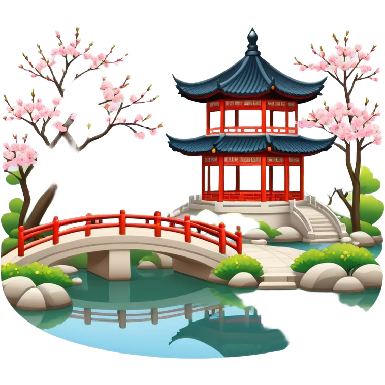 Suzhou garden with spring blossoms and pavilion by pond, simplified emoji style with bold outlines and bright colors, cartoon style traditional Chinese garden emoji