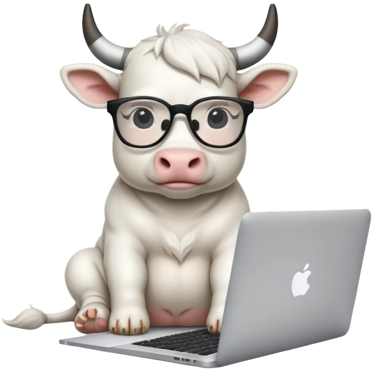 baby white bull in fancy glasses sitting in front of a macbook, working  emoji