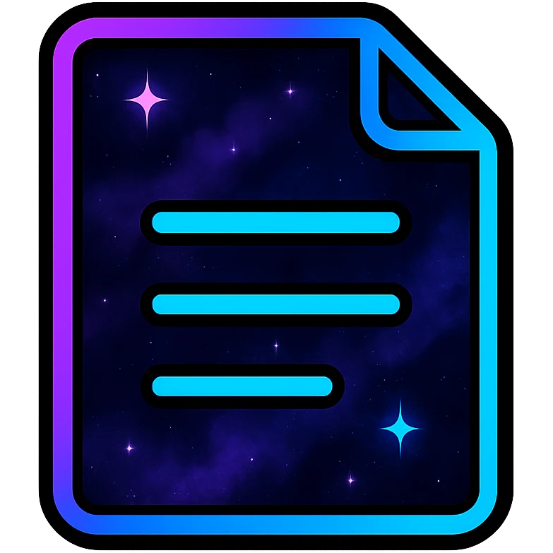 lyrics icon, modern clean abstract lyrics symbol with neon border and glowing effect, dark purples blues blacks base, nebula gradients, small bright stars, specular highlights, luminous look emoji