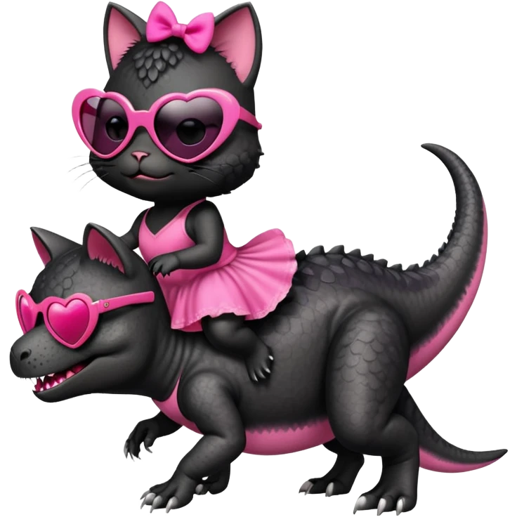 Tyrannosaurus rex with a black kitten wearing pink heart shaped sunglasses riding his back. The black kitten is wearing a pink dress emoji