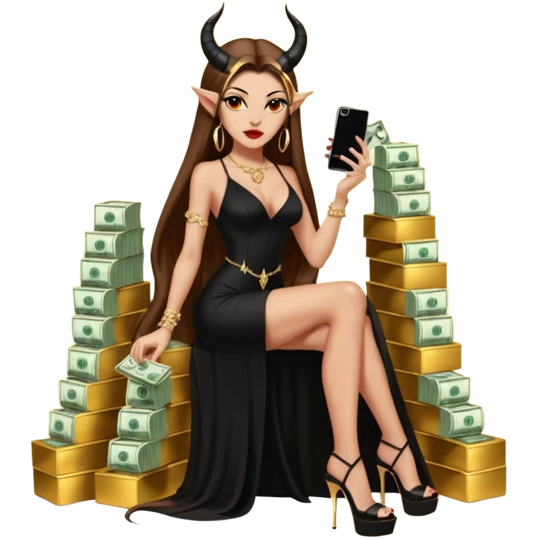 Sensual seductress long brown straight haired sexy drug lord woman with  glitter platform high heels on her feet,  and devil black horns on her head, holding a stack of cash, has a phone in other hand. Sitting on gold cases full of drugs, long black dress with sexy slit emoji