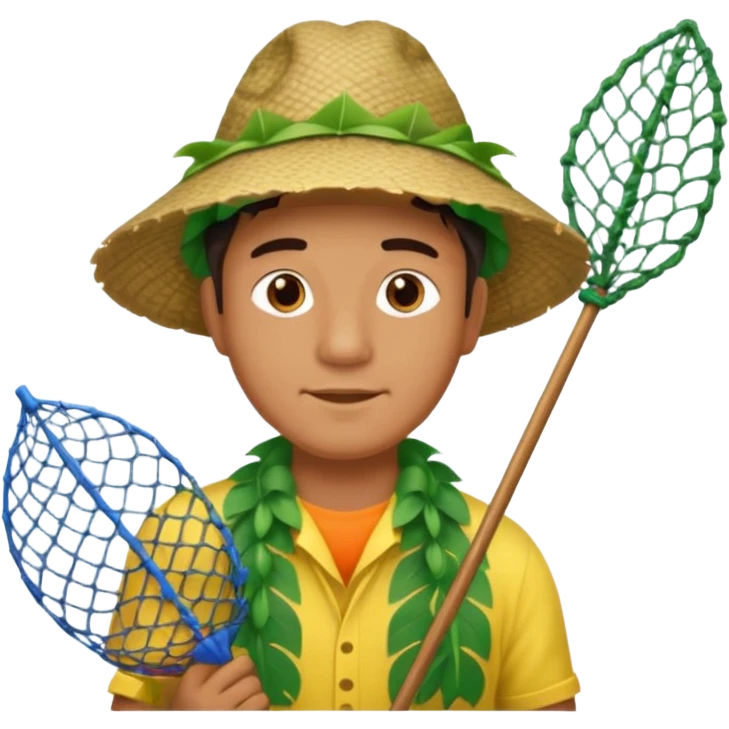 Hawaiian man with leaf hat and big fishing net and colorful cloth emoji