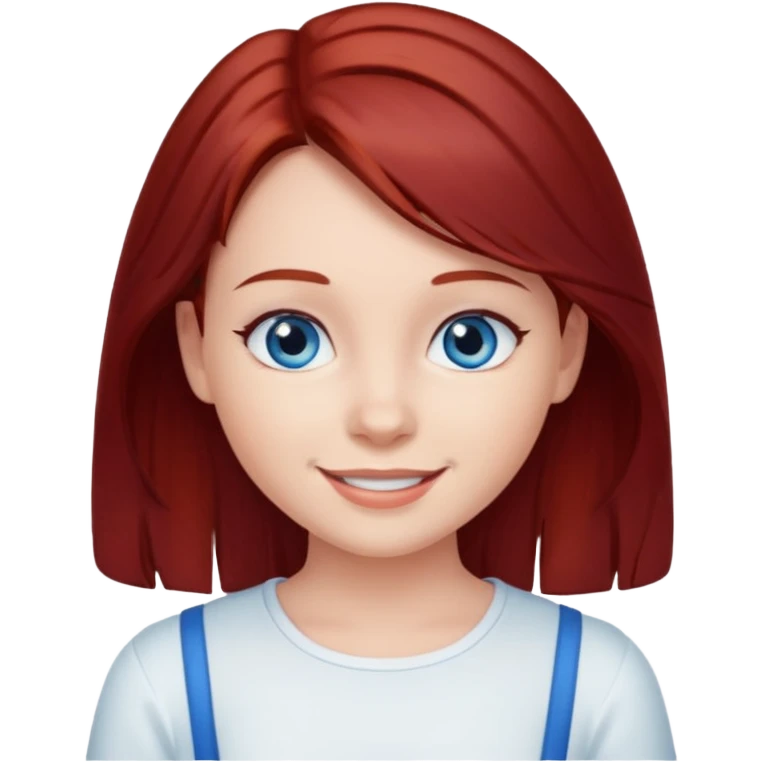 generate a young girl with dark red hair in a white top. she is supposed to have blue eyes  emoji
