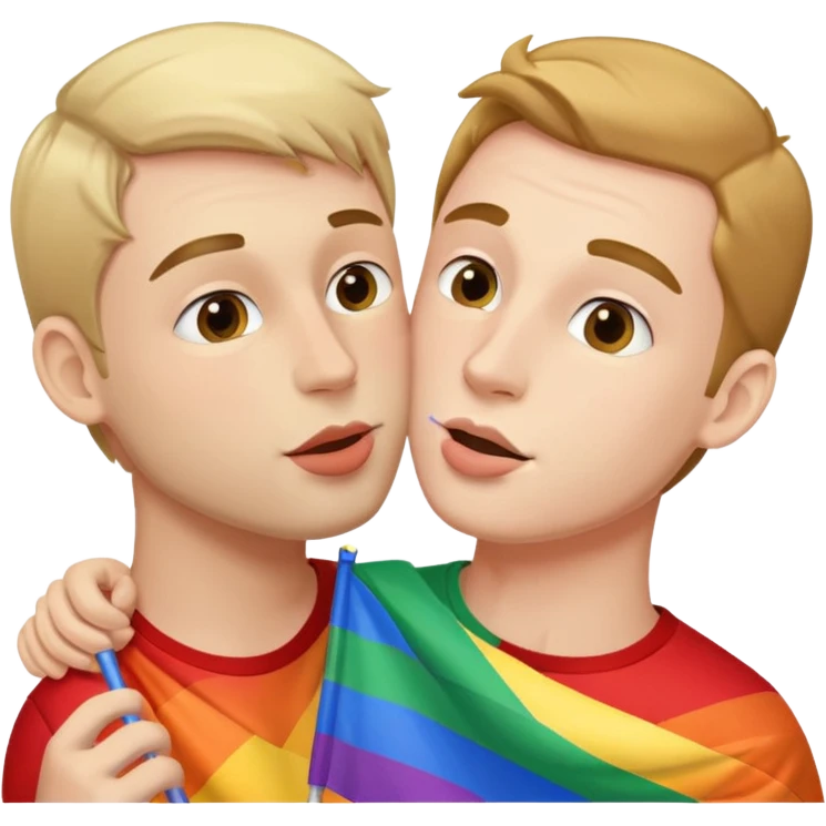 man kissing another man with a pride flag in his hand emoji