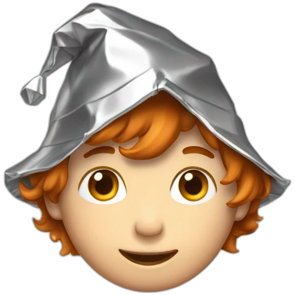 Readhead boy wearing pointy, crinkly tinfoil hat emoji