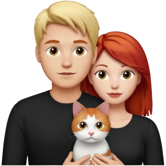 Casal com homem loiro e mulher ruiva e gato preto com branco emoji
