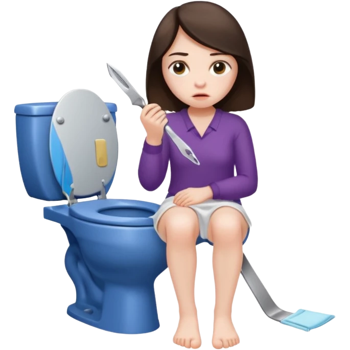 sad brunette scabby woman on toilet with a razor emoji