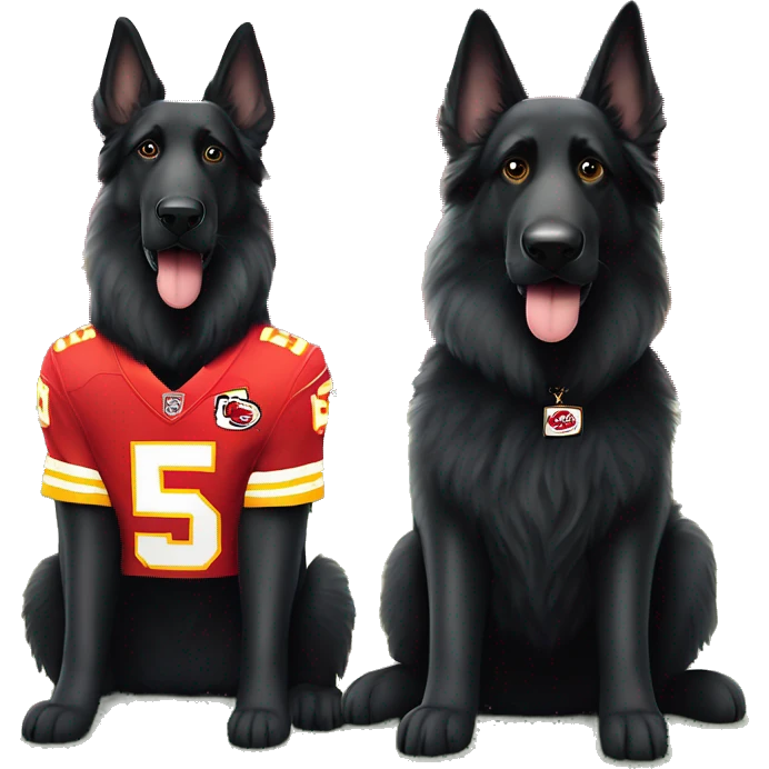 Two black long haired German Shepherd dogs sitting next to each other wearing Patrick Mahomes & Travis Kelce Kansas City Chiefs jerseys  emoji