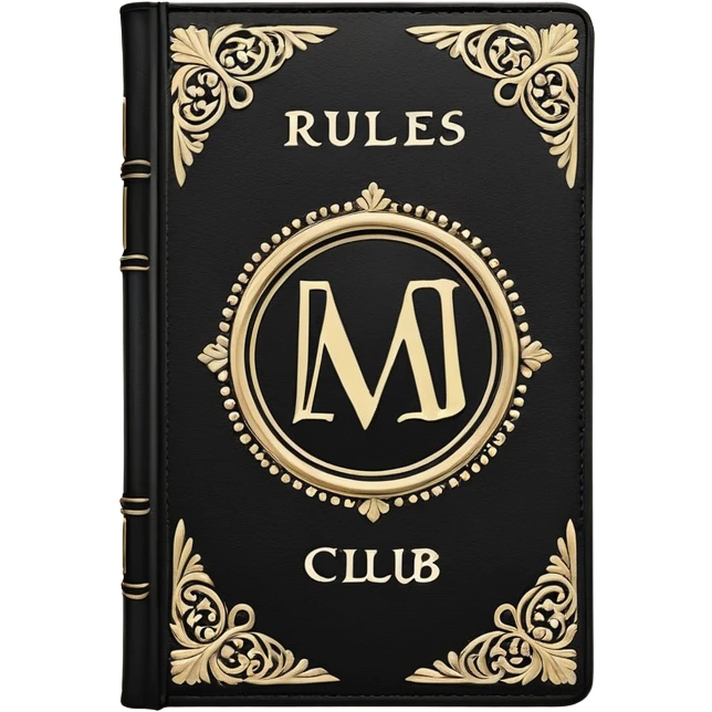 black book with ornate white text and borders. The book’s cover reads: “Mad Money Club - Rules Book - For Sad Girls.” emoji