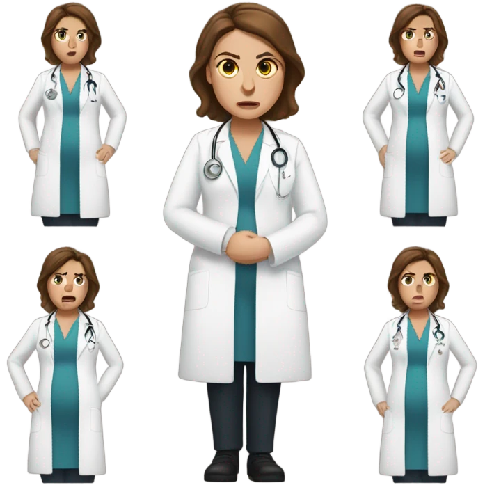 White woman pregnant doctor angry uncomfortable brown hair emoji