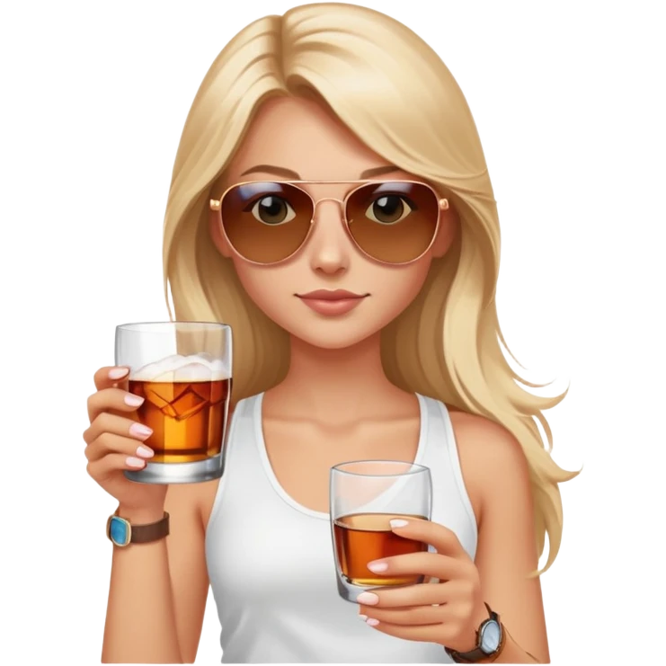 girl with long blond hair
with blue eyes
and aviator sunglasses
wearing white tank top 
holding a glass of whiskey, wearing rose gold apple watch  emoji