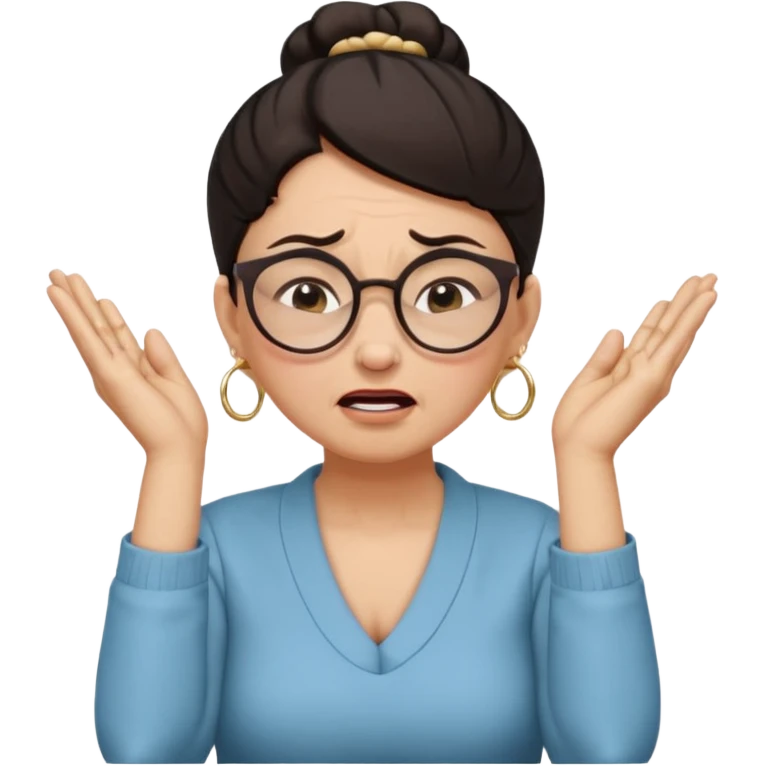  middle aged woman with dark hair pulled up in a high bun, wearing round ring earrings and glasses with a very painful expression on her face, eyes squeeed shut, wincing in pain,covering her ears with her hands, trying to not hear a terribly loud noise emoji