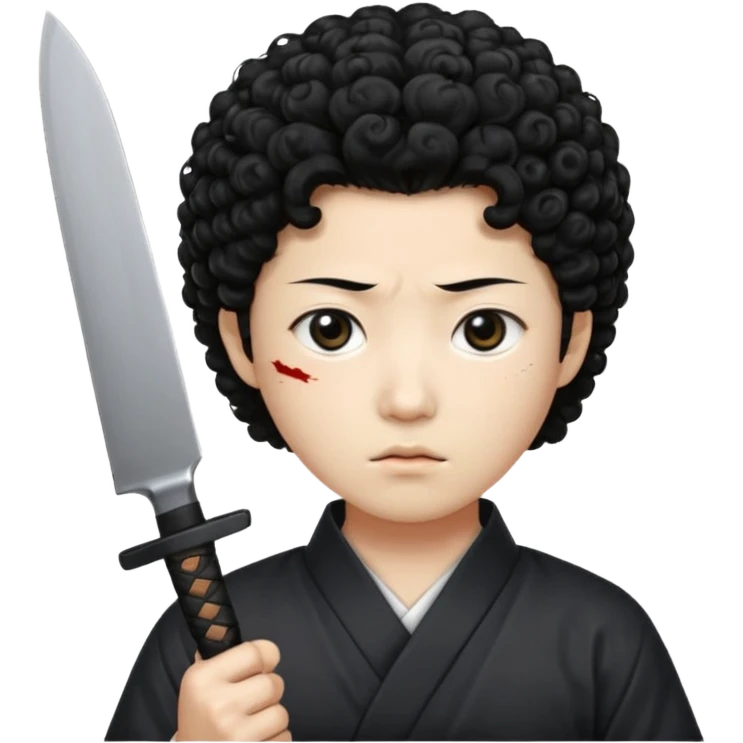 Korean murderer white skin with Asian eyes and holding knife with black Korean perm hair emoji