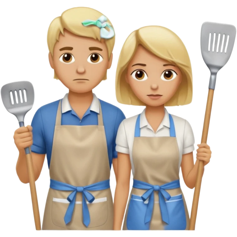 A blonde women slaving away cleaning a kitchen while her blonde husband scowls at her emoji