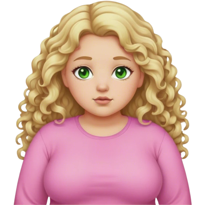 Blonde girl with dirty blonde curly long hair in a pink long sleeve shirt with green eyes make her lil chubby portrait emoji