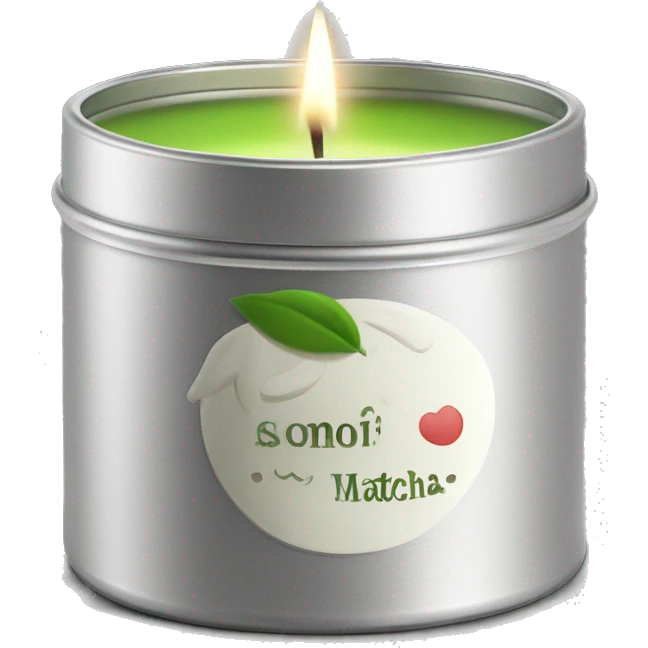 small pretty matcha scented candle in silver tin with label realistic emoji