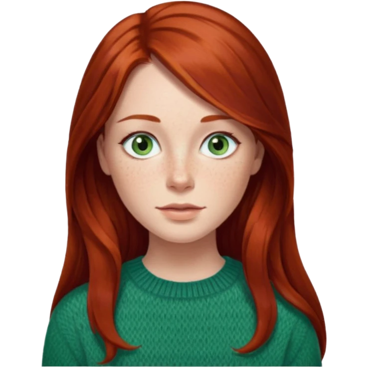 woman with long dark auburn red hair that is mostly straight but has slight waves to it. grey blue eyes. some freckles. wearing a Swedish style sweater that is green.  emoji