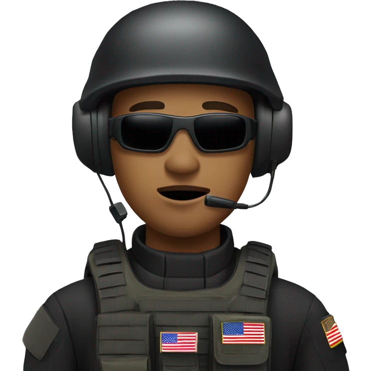 Military operator dressed in black with a helmet, without glasses, wearing a headset, ready to respond to alerts emoji