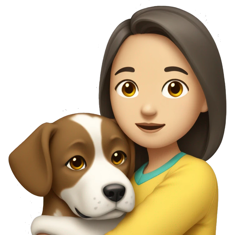 An asian girl with mid length brown hair hugging a white pekingness dog with yellow ear emoji