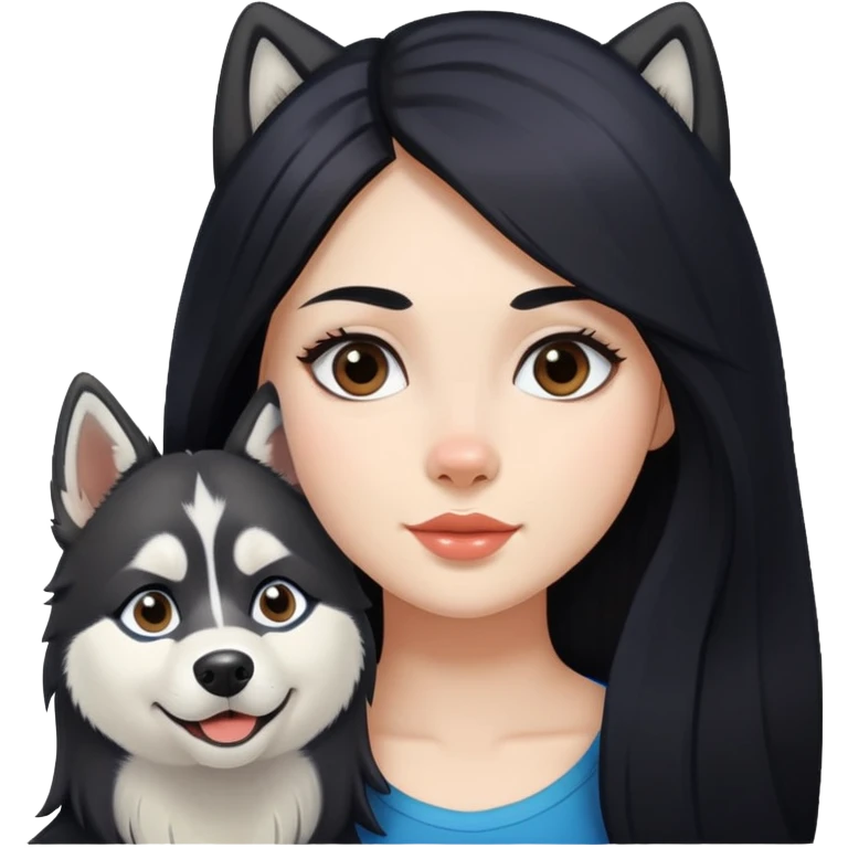 A girl with long black hair walks a husky emoji