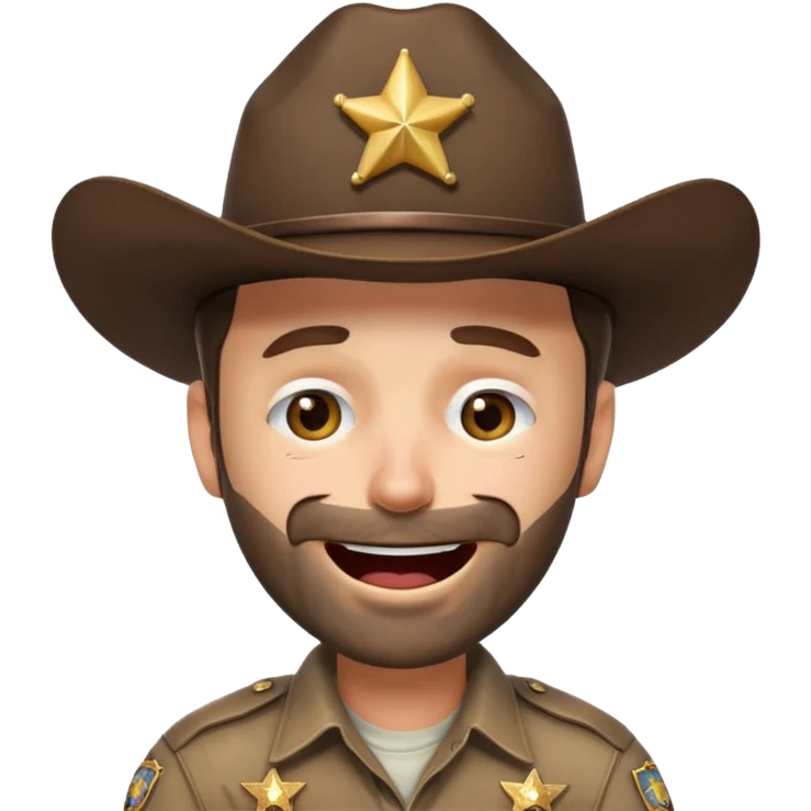 Rick Grimes from The Walking Dead as a laughing crying emoji, expressive face, sheriff hat, stubble, cartoonish features emoji