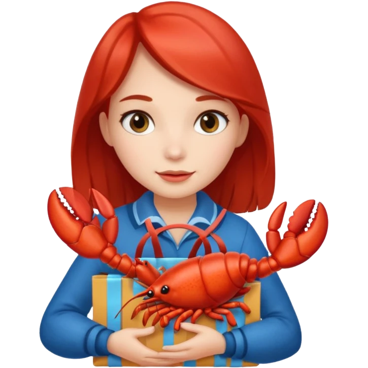 Cute girl holding gift bag with lobster in it emoji