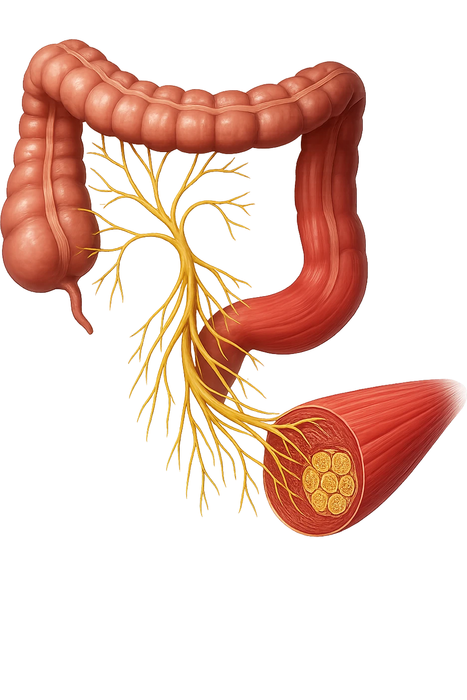 intestino, nervi e un tessuto muscolare sono collegati, iperrealistico 4k emoji