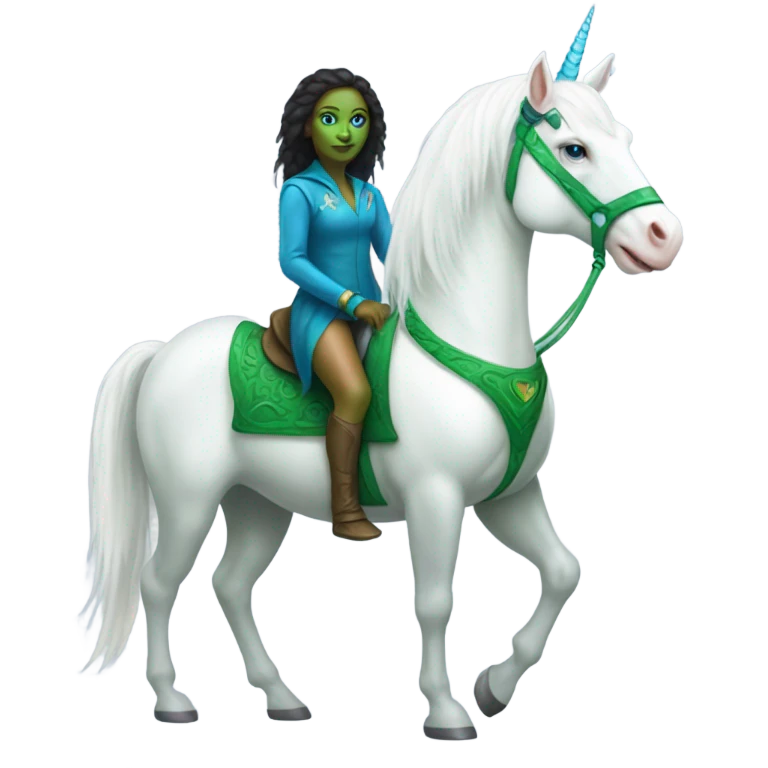 [(a green amazon alien woman with blue eyes) on a (four-legged white unicorn)] emoji
