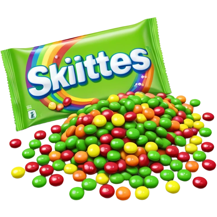A multi-colored rainbow Skittles package next to a pile of exclusively green Skittles candies. The package shows all rainbow colors while the candies are only green. emoji
