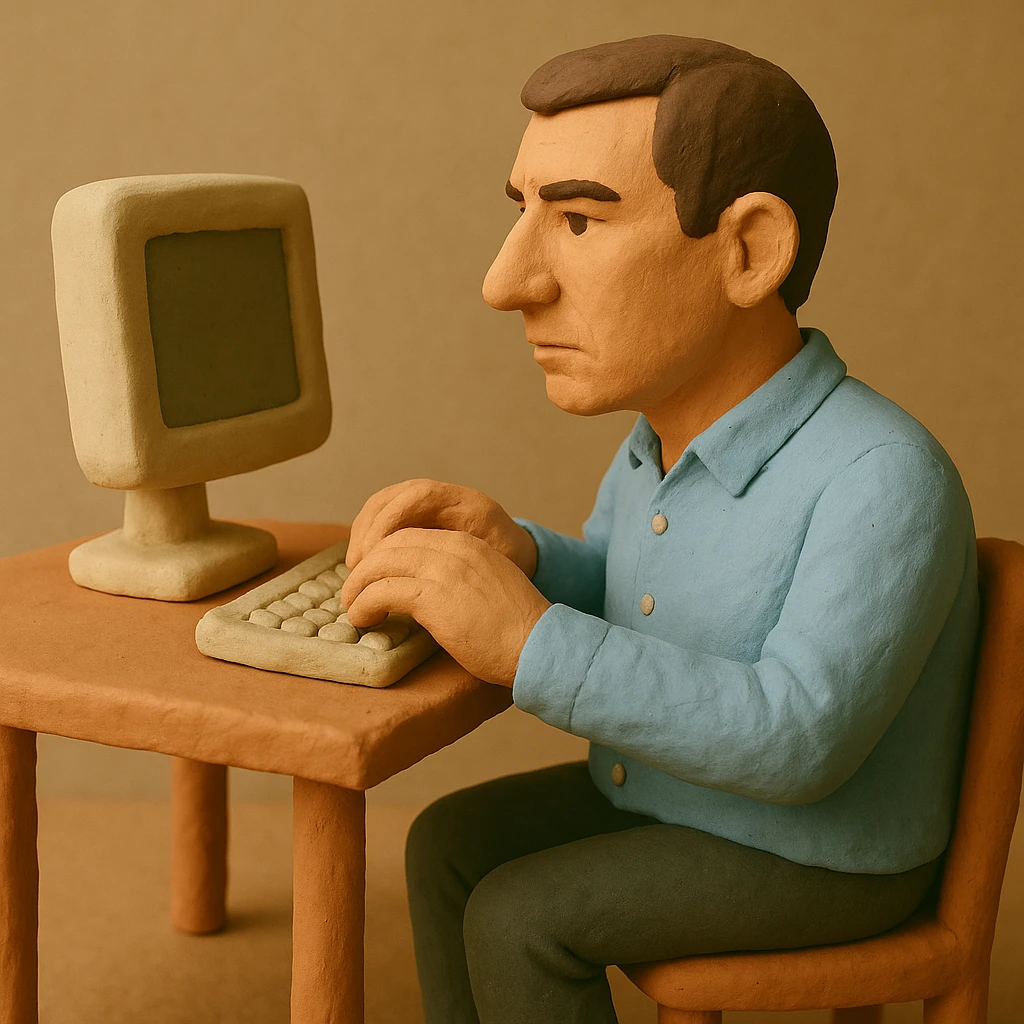 Quitar la corbata y el saco, dejar al hombre solo con camisa de botones, rostro ligeramente más serio, mantener el estilo claymation emoji