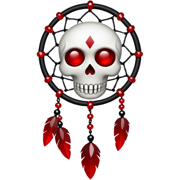 Blood-red, bloody, obsidian-black, edgy, dream catcher, red gemstones, black wires, black threads, tiny white skull, emoji