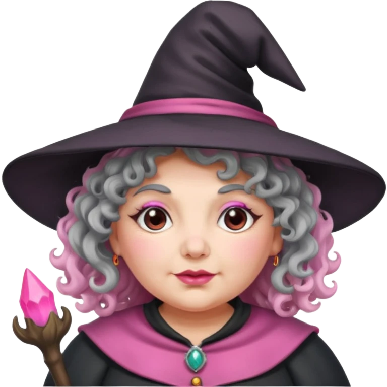 plump witch with pink skin, grey curl hair emoji