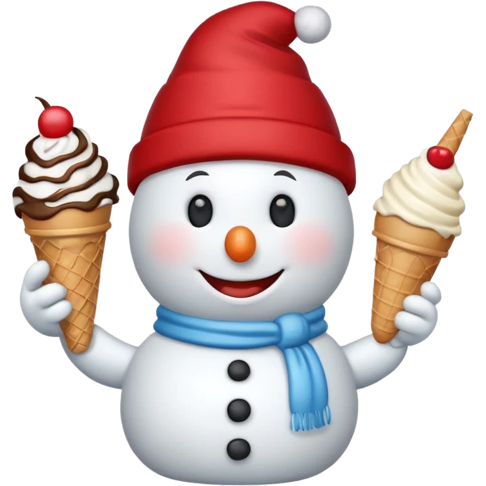 snowman wearing red cap with ice cream  emoji