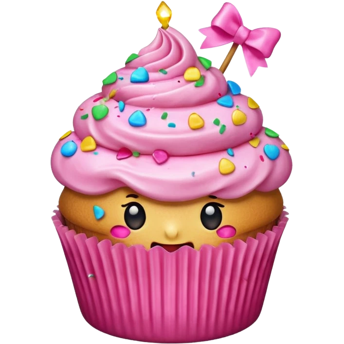 hyper realistic emoji of a bitten cupcake with pink frosting and a small gift bow on top, bitten part showing confetti filling, clean colorful emoji-style design emoji