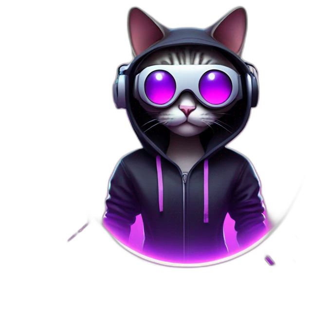 funny cat wearing a black hoodie with "OMG" letters on it and VR headset in a cyberpunk VR environment with violet neon lighting. emoji