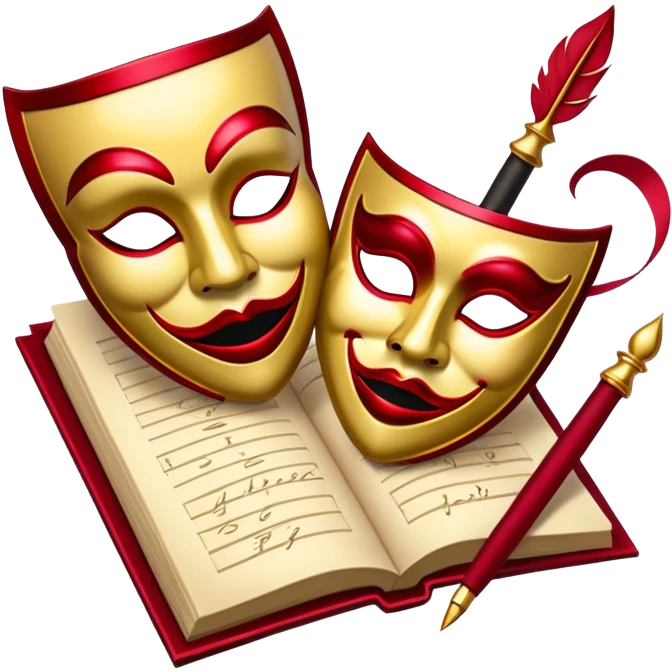 Create a bold and dramatic emoji representing the art of playwriting. The design should feature an open script or a theater playbook, with stylized text lines or dramatic dialogue inside. Include elements like a theatrical comedy and tragedy masks, a stage spotlight, or a writting quill to symbolize creativity and performance. Use deep, contrasting colors like red, black, and gold to evoke the intensity and passion of drama. The overall design should feel dramatic, inspiring, and artistic. Make the background transparent. emoji
