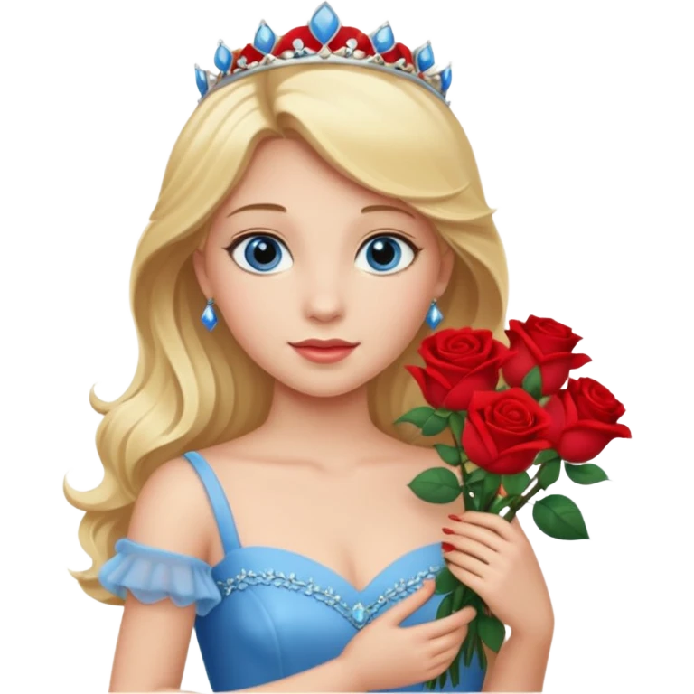 Blonde haired, blue eyes princess holding a bouquet of roses wearing a princess gown emoji