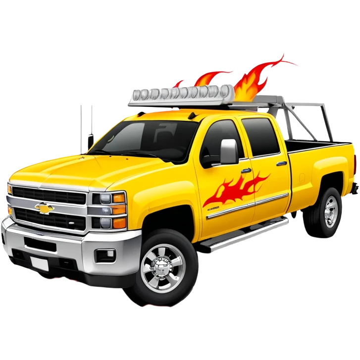 Yellow Chevrolet C-2500 Crew Cab with professional airbrushed red flame artwork on front hood and fenders, authentic Kill Bill truck design, 30-degree view, iOS emoji style emoji