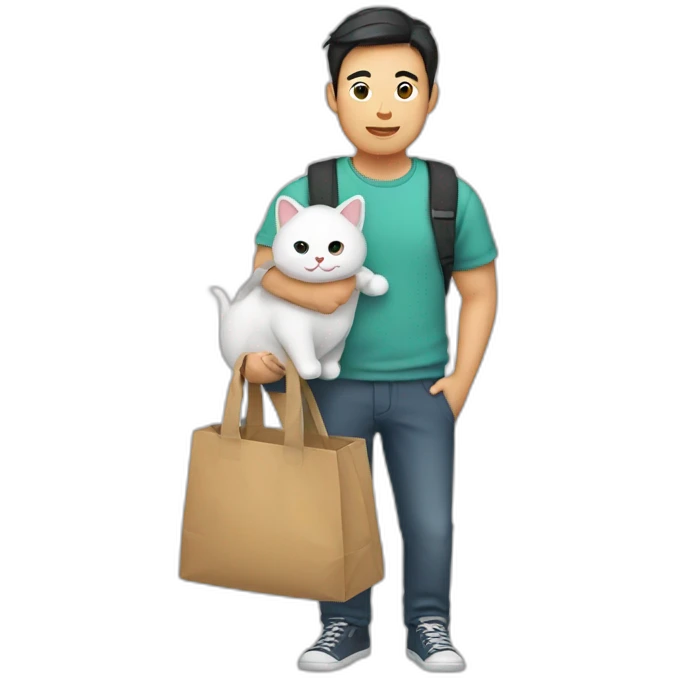 Asian man holding a cat in a bag emoji