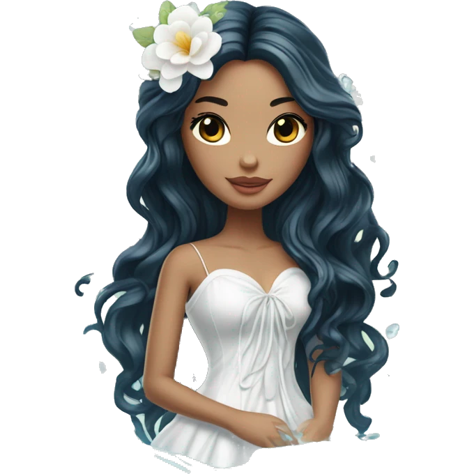 Pretty young Lady doll posing posed pose with long black hair flowers in hair white dress surrounded by flowing water water swirls waves emoji