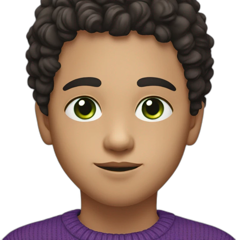 Boy with black curly hair and green eyes in purple sweater. The boy have a skar on nose emoji