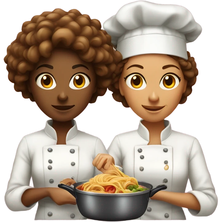Spaghetti cooking battle women chefs one with curly hair  emoji