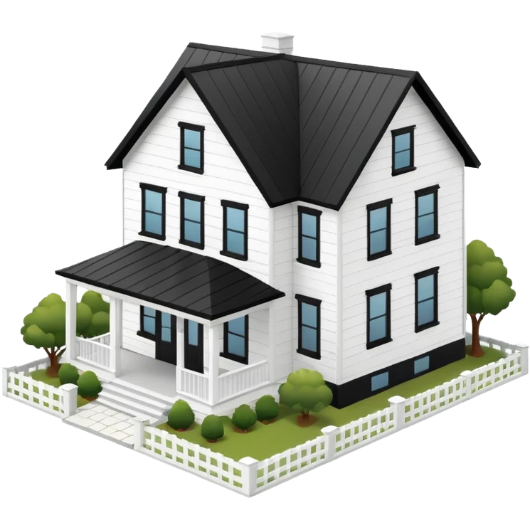 modern farmhouse with white siding and black trim, 3d isometric emoji