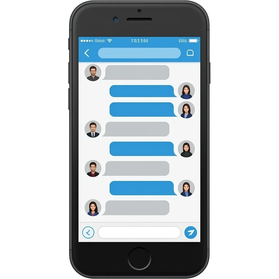 iphone device with messaging app open with profile pictures and muted blue-grey and grey bubbles emoji